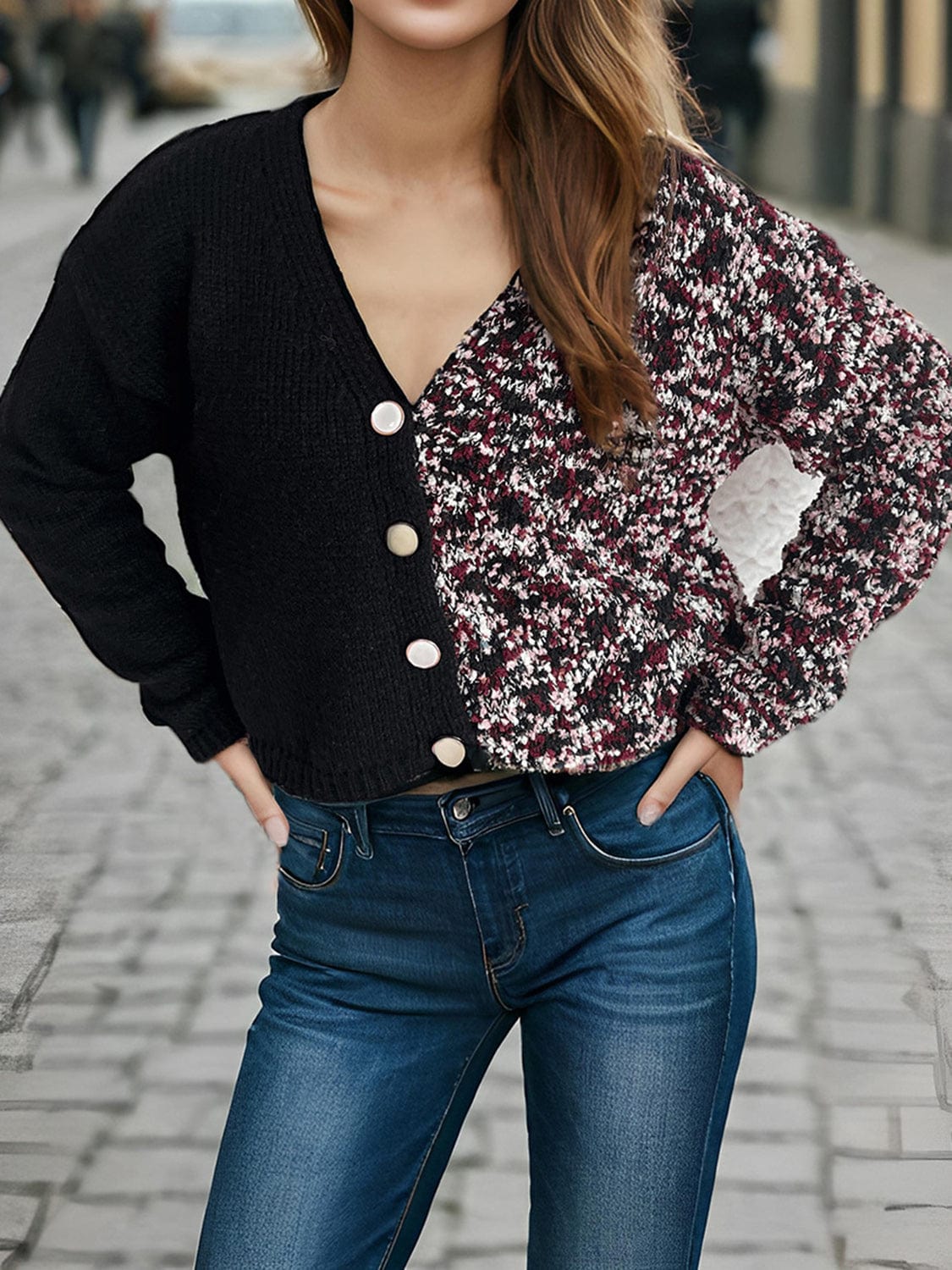 Contrast Button Up V-Neck Cropped Cardigan - Trendsi