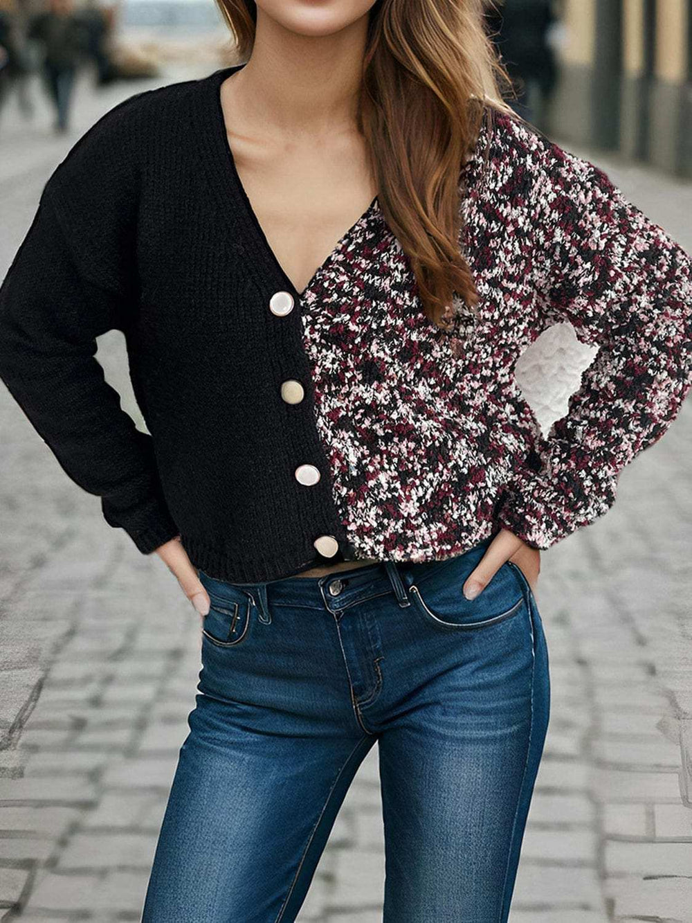Contrast Button Up V-Neck Cropped Cardigan - Trendsi - Flyclothing LLC