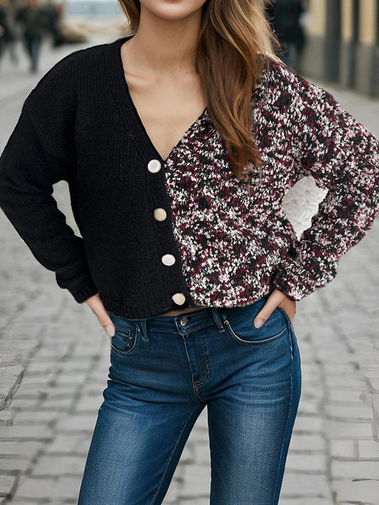 Contrast Button Up V-Neck Cropped Cardigan - Trendsi