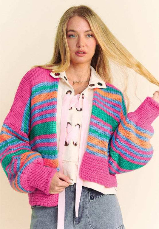 Contrast Striped Open Front Long Sleeve Cardigan - Trendsi - Flyclothing LLC