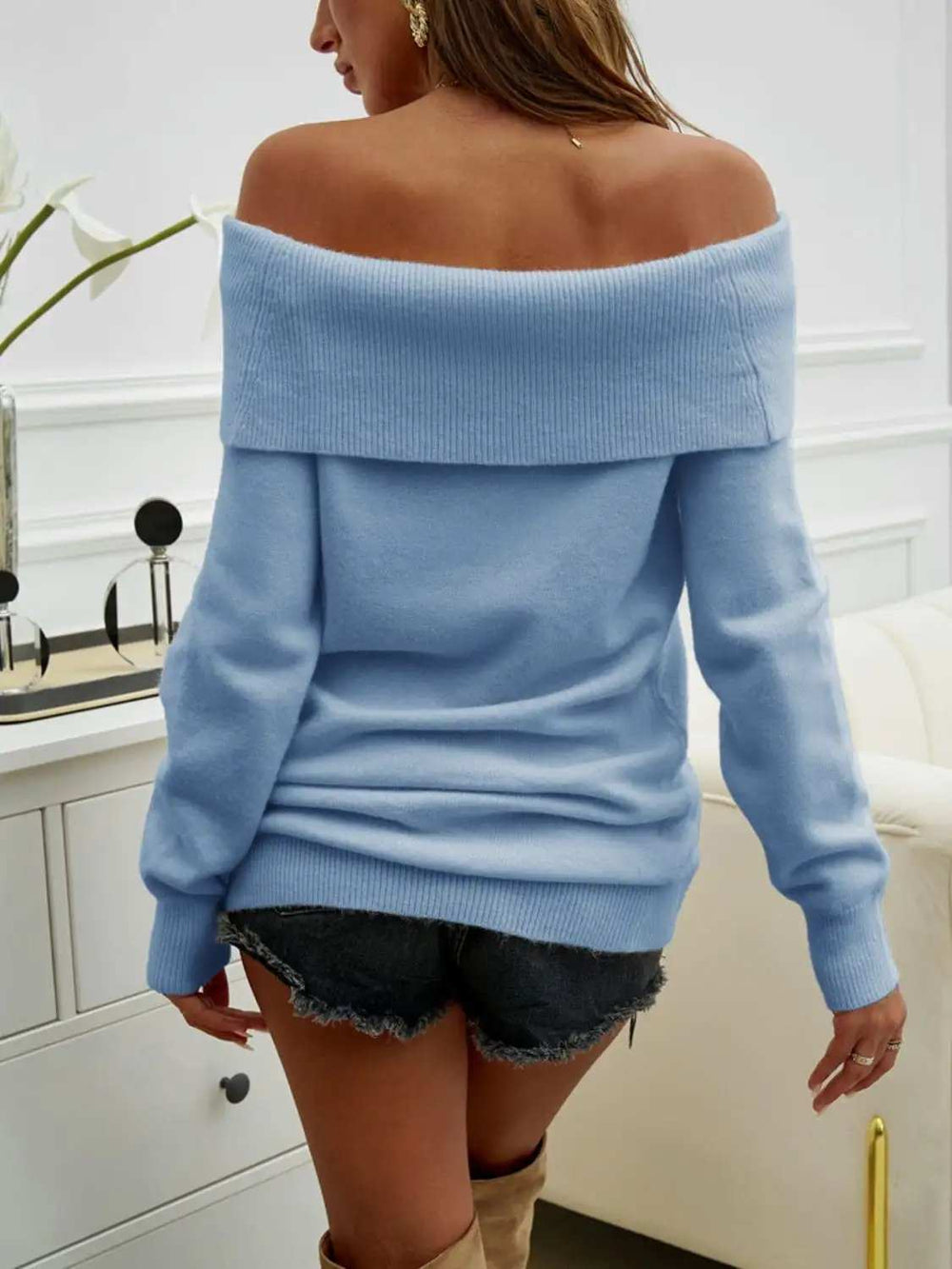Off-Shoulder Long Sleeve Sweater - Trendsi - Flyclothing LLC