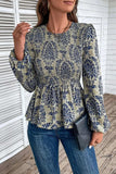 Peplum Printed Round Neck Long Sleeve Blouse - Trendsi - Flyclothing LLC