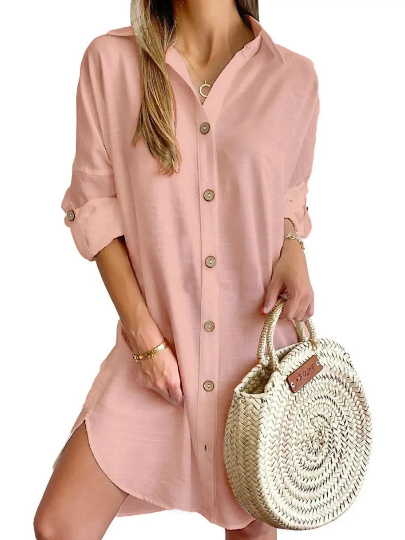 Button Down Long Sleeve Shirt Dress - Trendsi - Flyclothing LLC