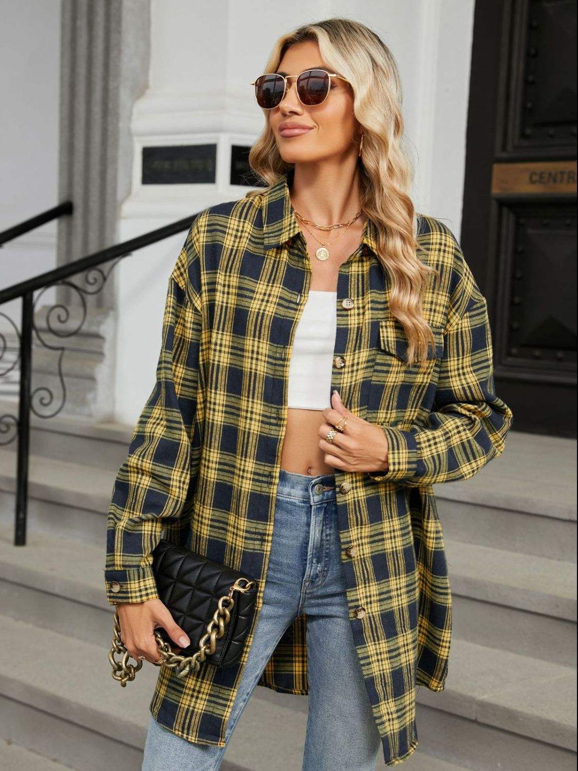 Plaid Collared Neck Long Sleeve Shirt - Trendsi - Flyclothing LLC