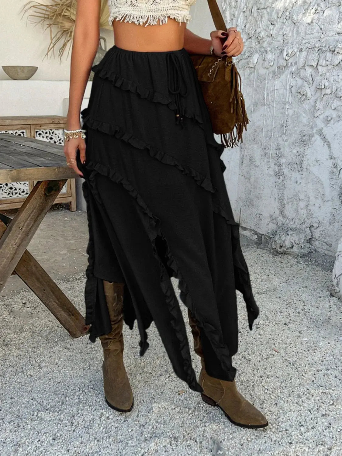Devine Slit Drawstring Ruffled Skirt - Trendsi - Flyclothing LLC