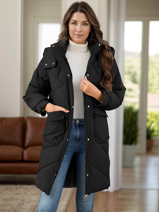 Long Sleeve Longline Hooded Winter Coat with Pockets - Trendsi