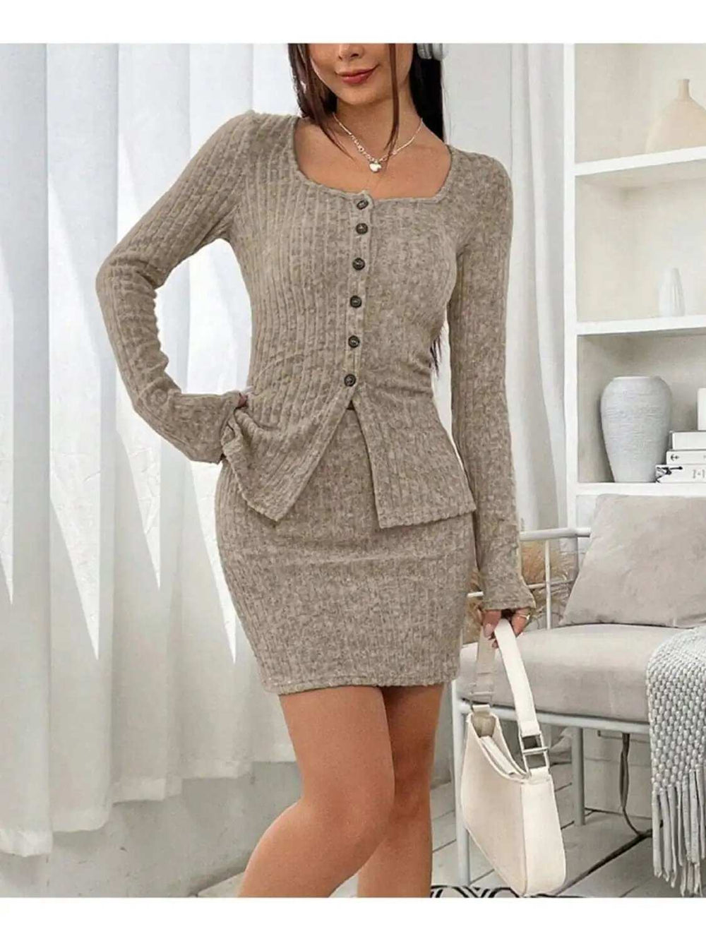 Square Neck Button Up Long Sleeve Top and Skirt Set - Trendsi - Flyclothing LLC