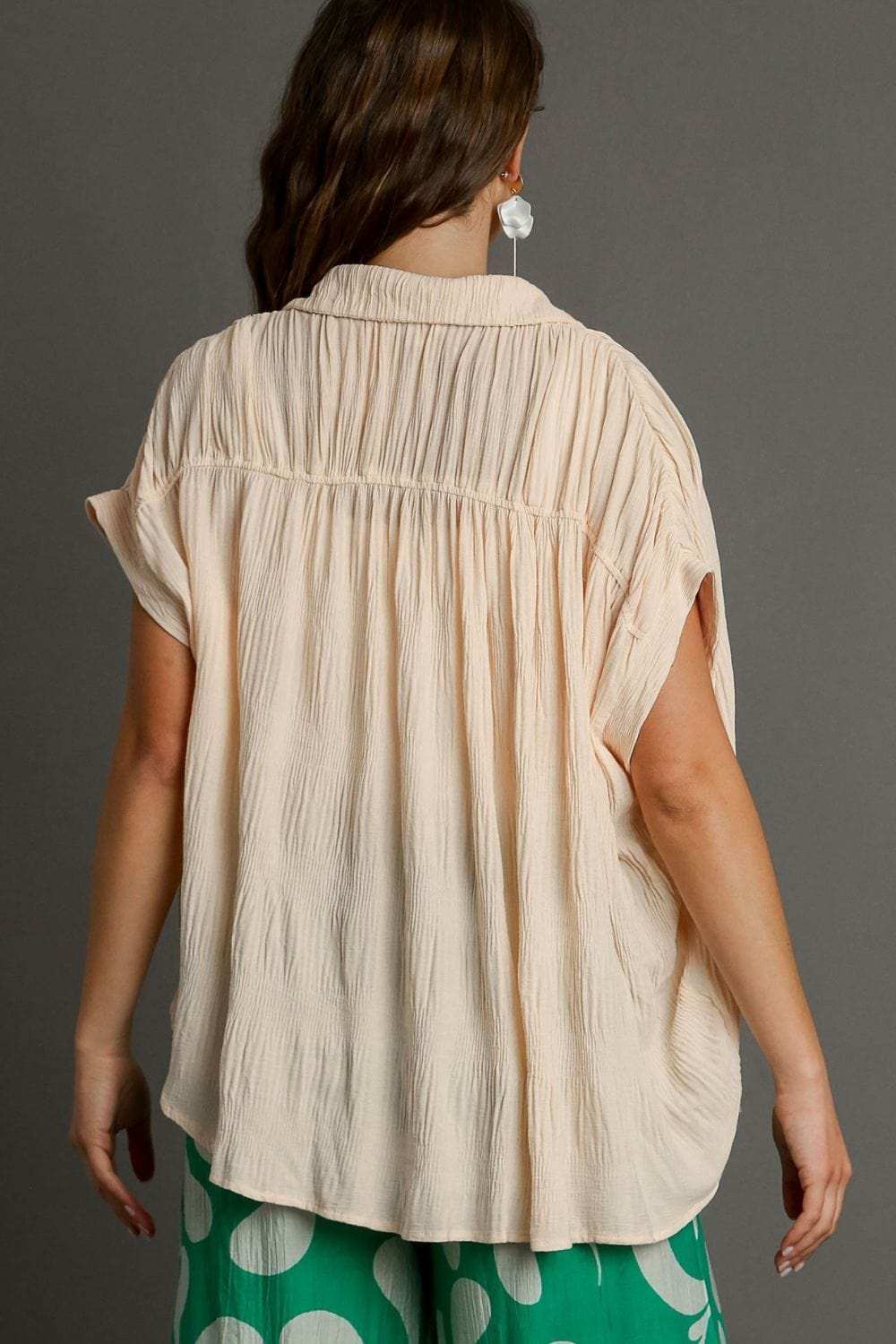 Umgee Full Size Textured Button Down Short Sleeve Shirt Plus Size - Trendsi - Flyclothing LLC