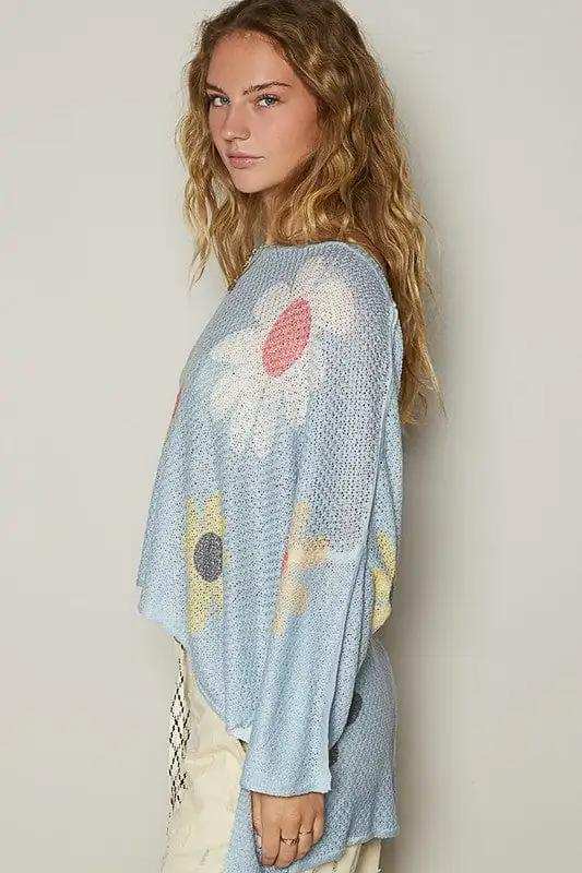 POL Flower Dropped Shoulder Long Sleeve Knit Top - Trendsi - Flyclothing LLC