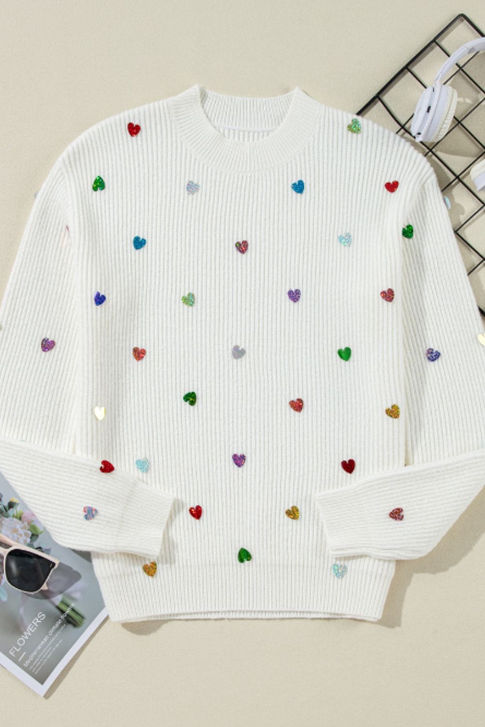 Heart Sequin Round Neck Long Sleeve Sweater - Trendsi