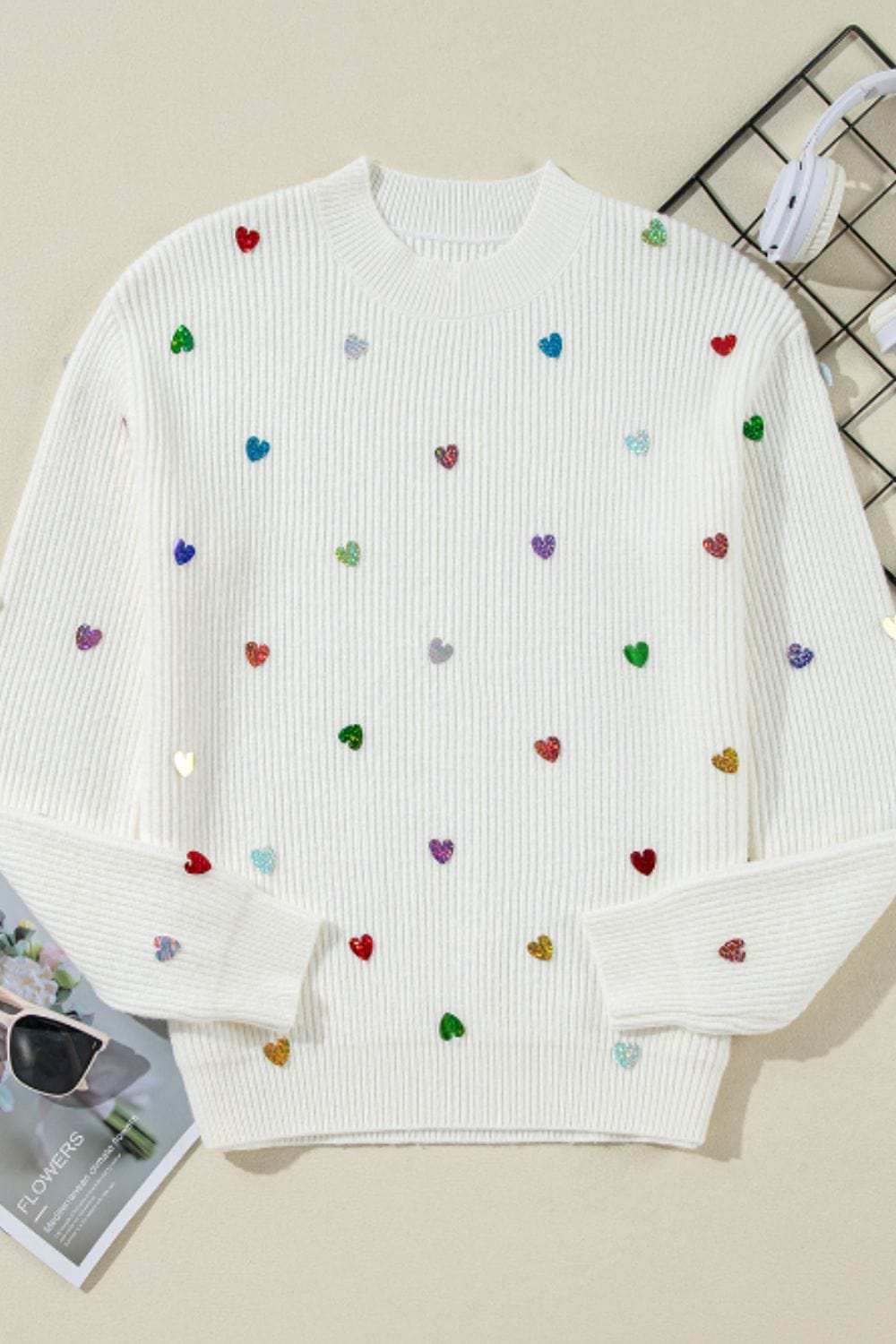 Heart Sequin Round Neck Long Sleeve Sweater - Trendsi - Flyclothing LLC