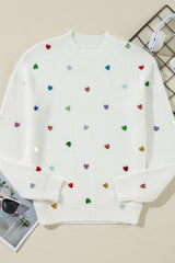 Heart Sequin Round Neck Long Sleeve Sweater - Trendsi