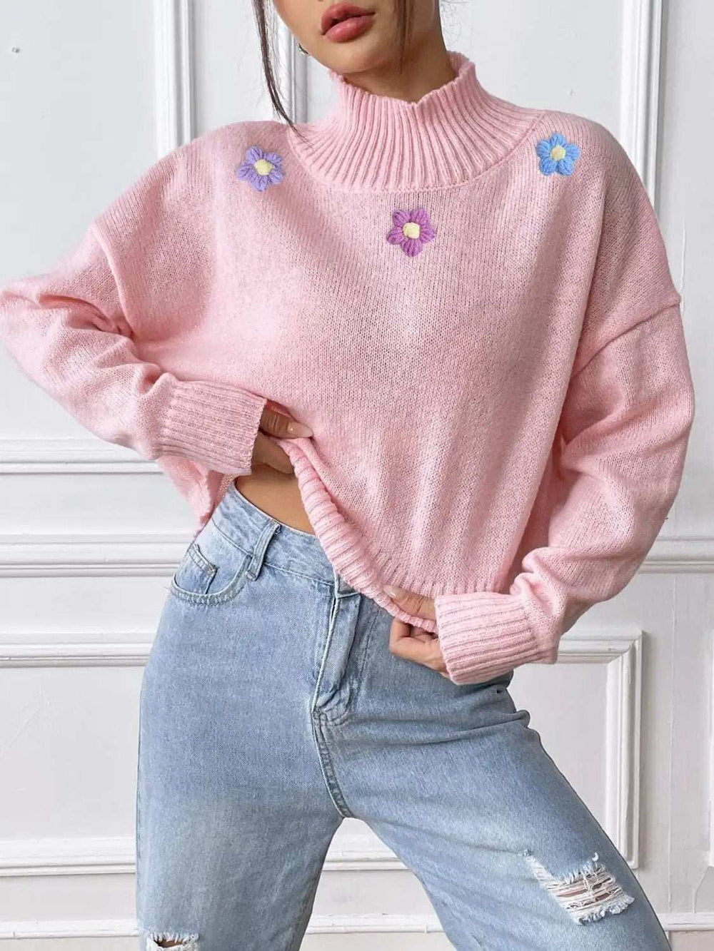 Flower Turtleneck Long Sleeve Sweater - Trendsi - Flyclothing LLC