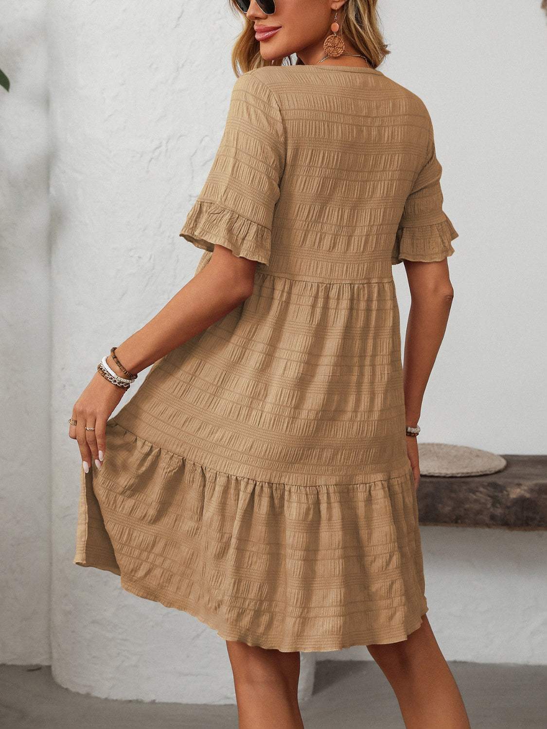 Mandy Ruffled Ruched Round Neck Half Sleeve Dress - Trendsi - Flyclothing LLC