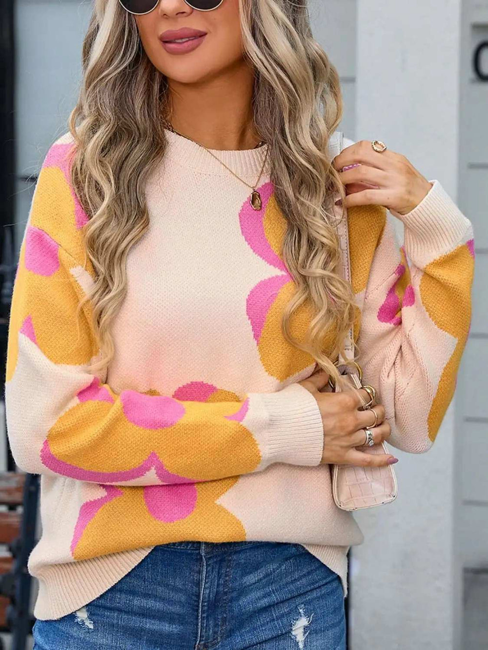 Angel Wings Flower Round Neck Long Sleeve Sweater - Trendsi - Flyclothing LLC