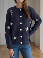 Candy Cane & Star Button Down Long Sleeve Cardigan - Trendsi