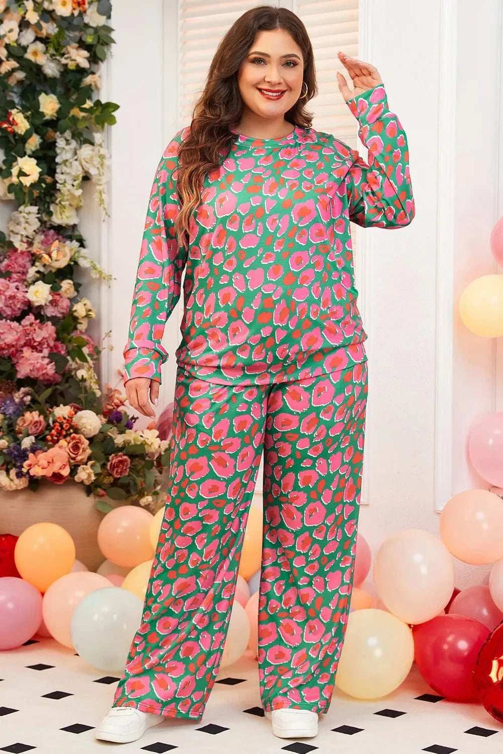 Plus Size Printed Round Neck Long Sleeve Top and Pants Set - Trendsi - Flyclothing LLC