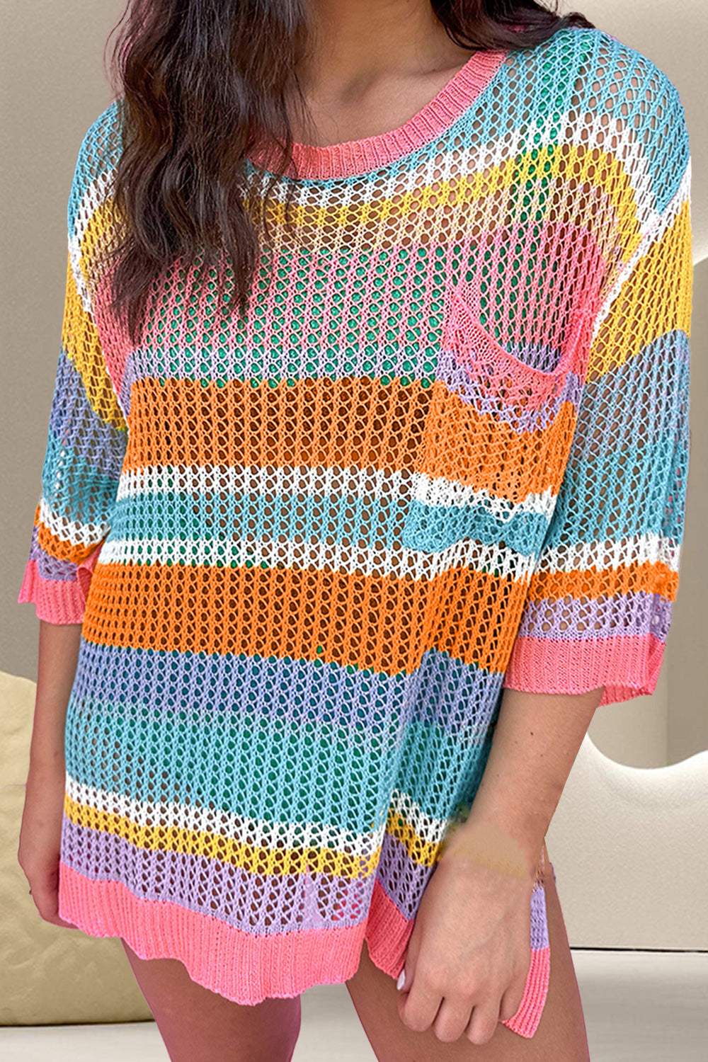 Openwork Round Neck Dropped Shoulder Knit Cover-Up - Trendsi - Flyclothing LLC