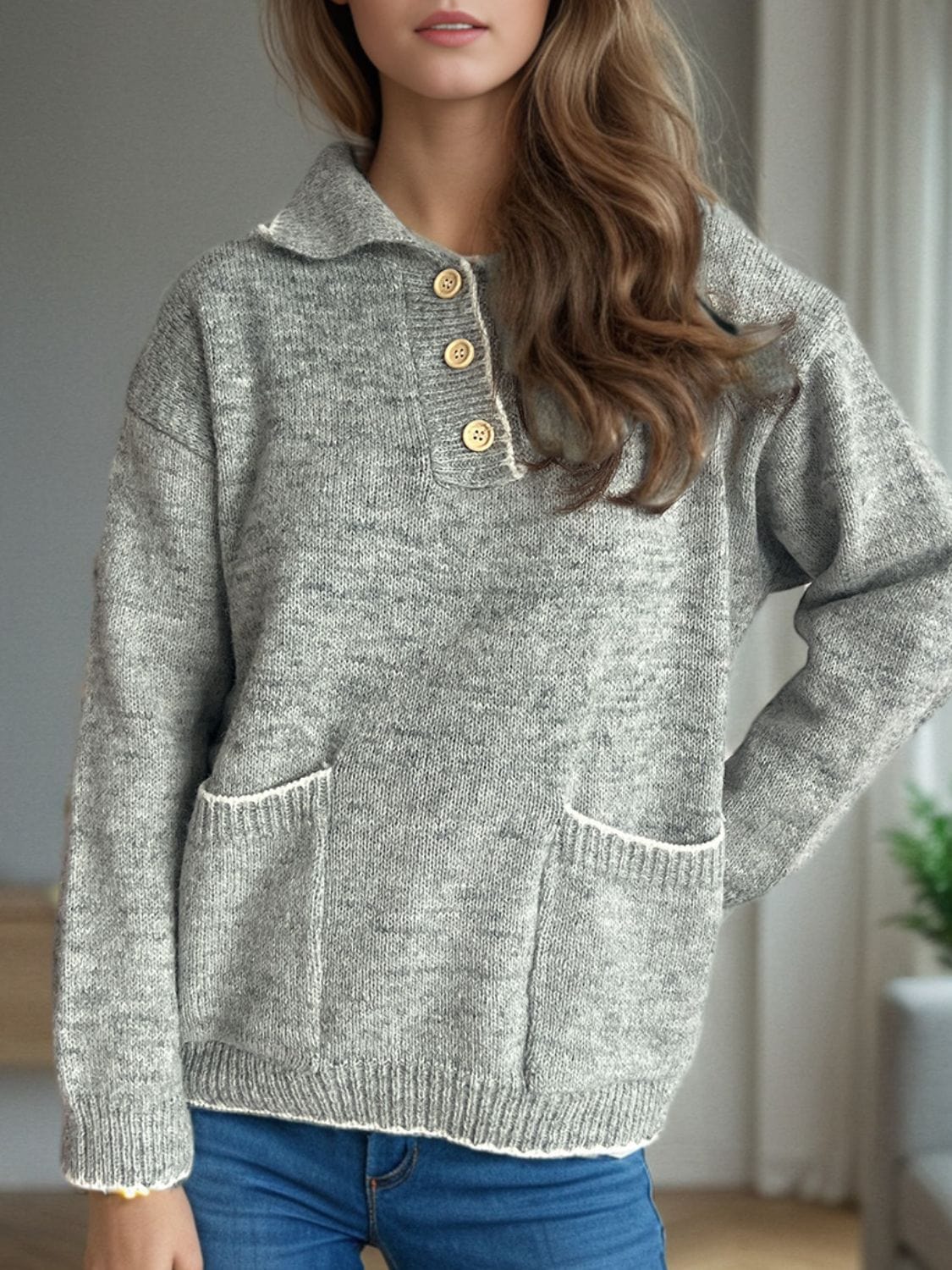 Contrast Trim Quarter Button Long Sleeve Sweater - Trendsi
