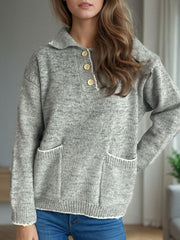 Contrast Trim Quarter Button Long Sleeve Sweater - Trendsi