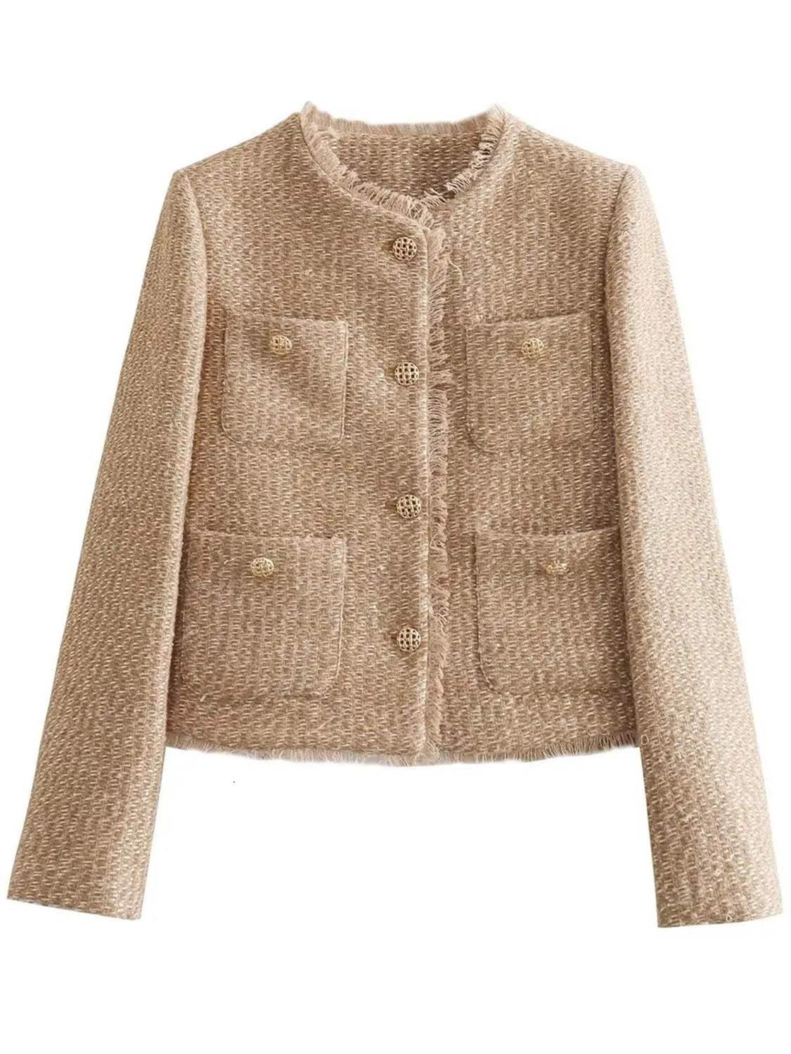 Raw Hem Pocketed Round Neck Jacket - Trendsi - Flyclothing LLC