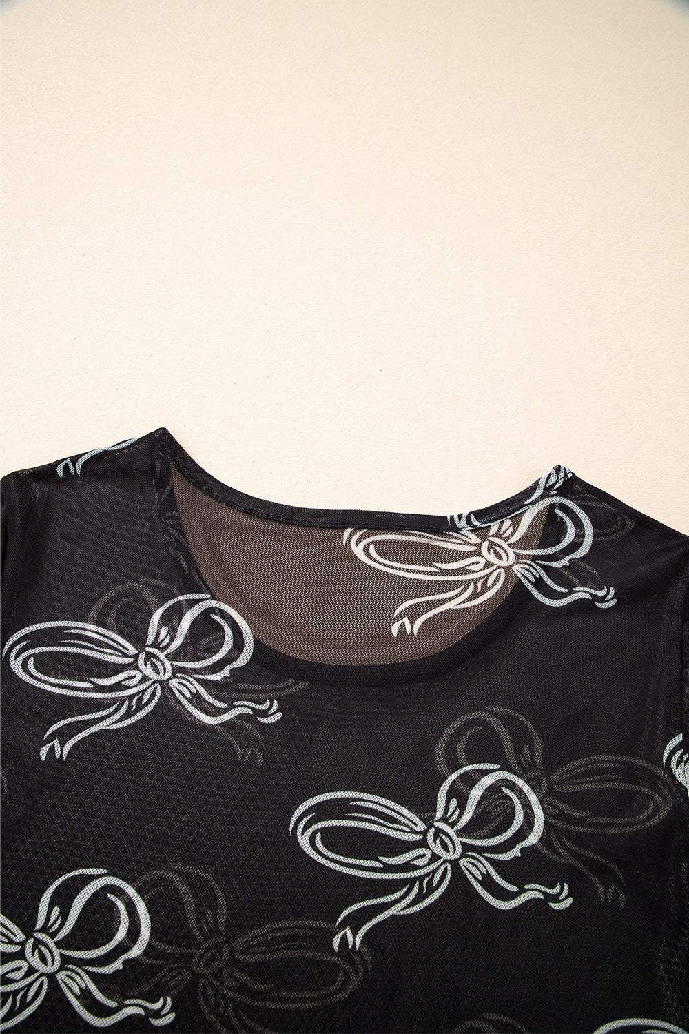 Bow Mesh Round Neck Short Sleeve T-Shirt - Trendsi - Flyclothing LLC