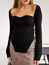Ribbed Knit Sweetheart Neckline Sweater - Trendsi - Flyclothing LLC