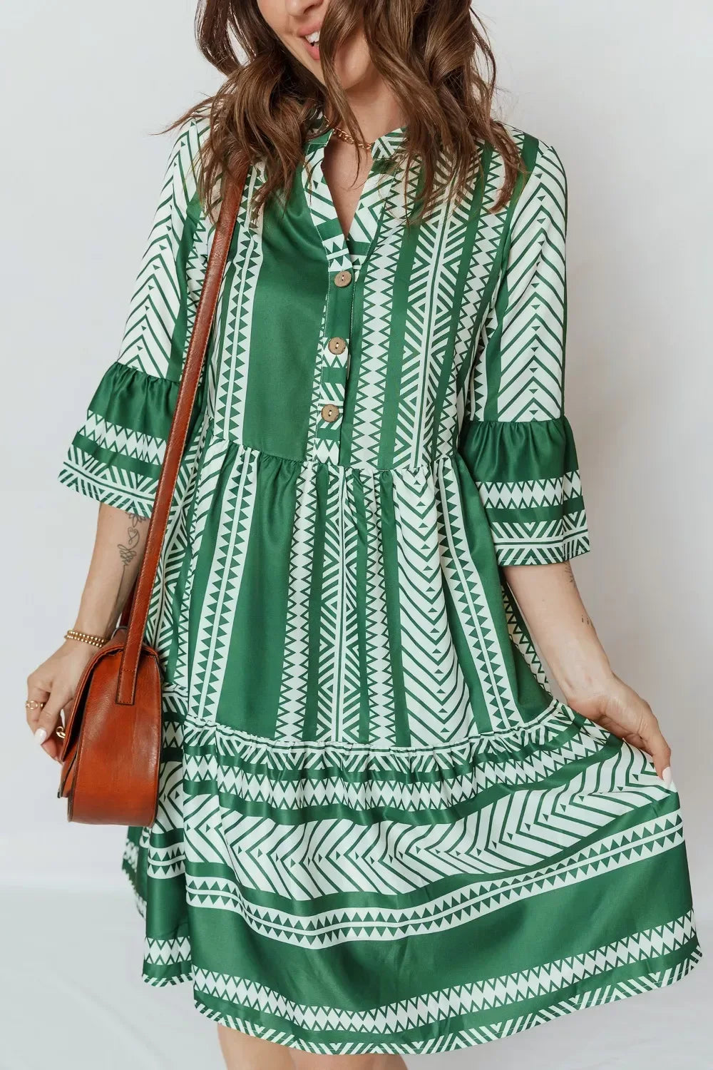 Ethnic Print Half Button 3/4 Sleeve Casual Dress - Trendsi - Flyclothing LLC