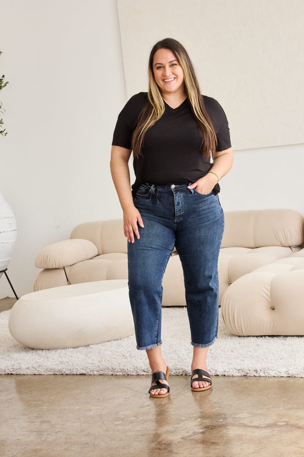 RFM Full Size Tummy Control High Waist Raw Hem Jeans - Trendsi