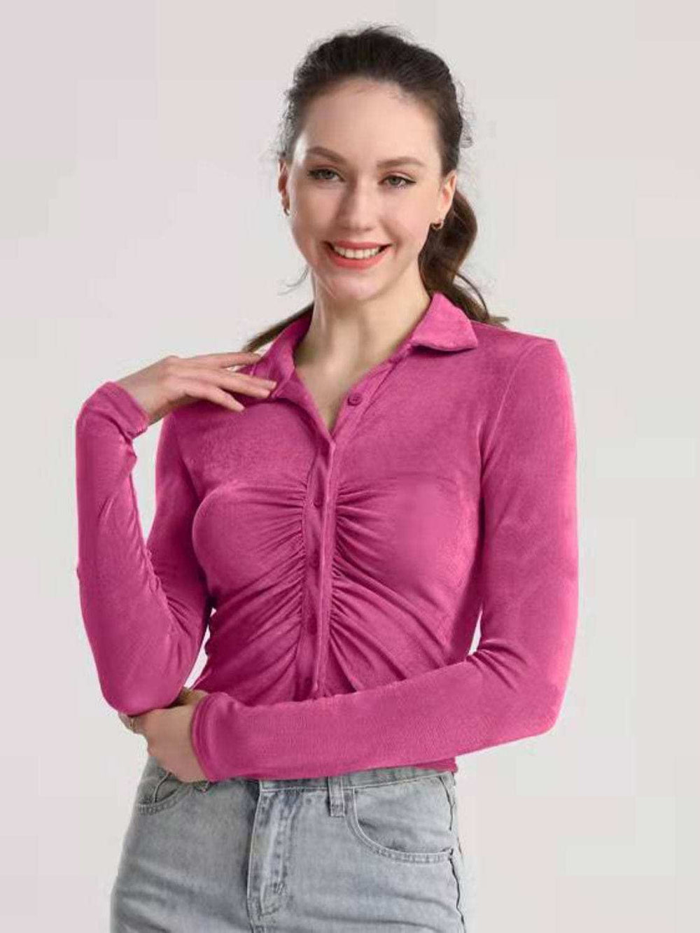 Ruched Button Up Long Sleeve T-Shirt - Trendsi - Flyclothing LLC