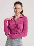 Ruched Button Up Long Sleeve T-Shirt - Trendsi - Flyclothing LLC