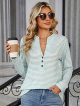 Striped Notched Long Sleeve T-Shirt - Trendsi - Flyclothing LLC