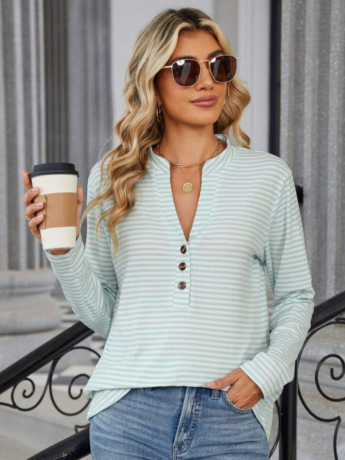 Striped Notched Long Sleeve T-Shirt - Trendsi - Flyclothing LLC