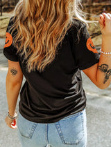 Glittering Pumpkin Face Crewneck Halloween T Shirt - Trendsi - Flyclothing LLC