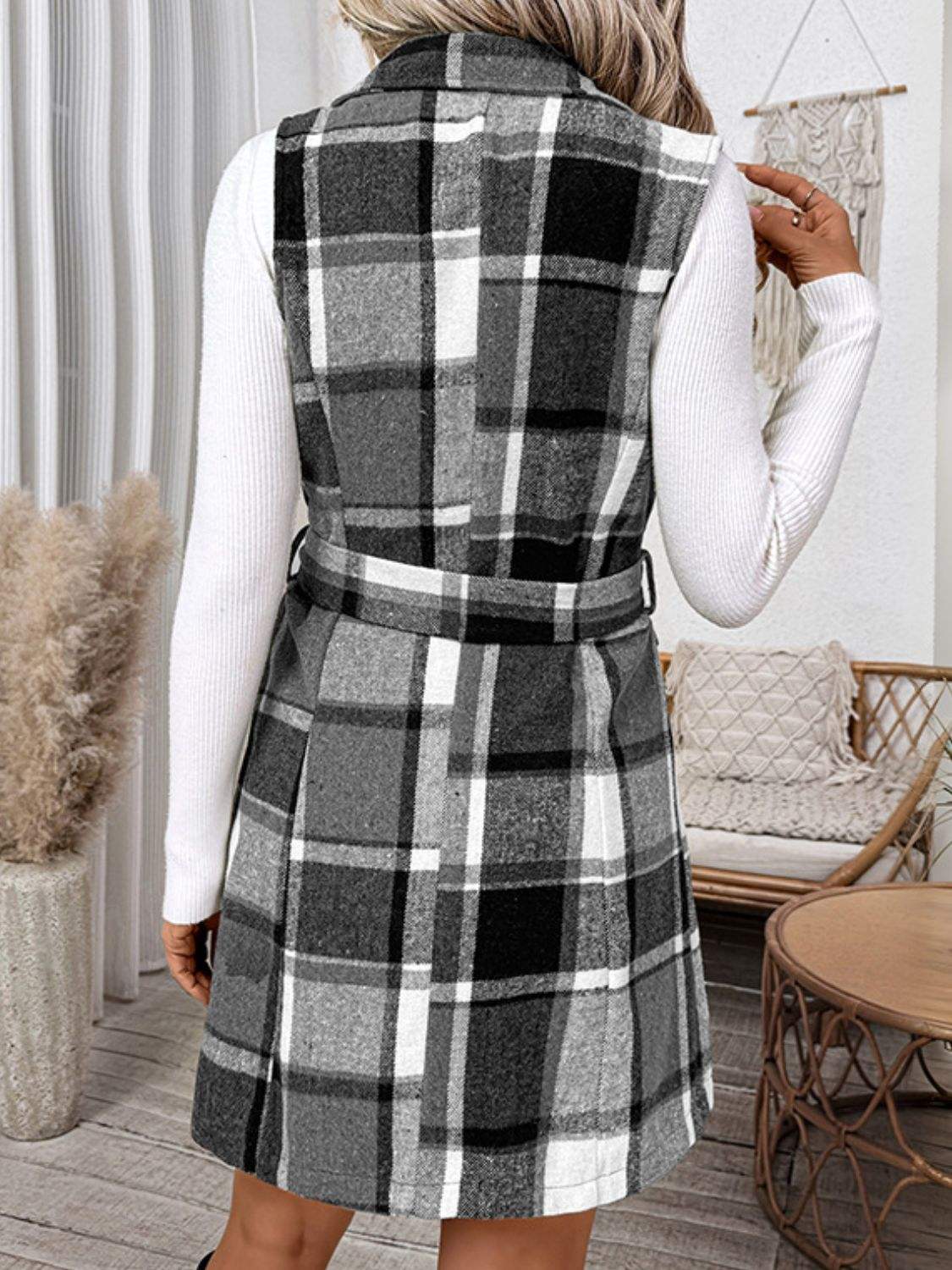 Perfee Tied Plaid Vest Coat - Trendsi - Flyclothing LLC