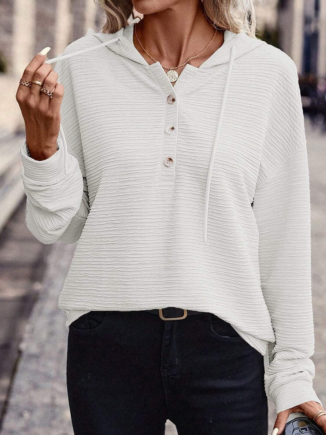 Drawstring Quarter Button Long Sleeve Hoodie - Trendsi - Flyclothing LLC