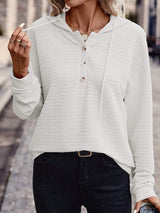 Drawstring Quarter Button Long Sleeve Hoodie - Trendsi - Flyclothing LLC