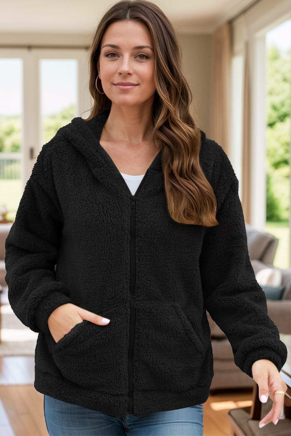 Zip Up Long Sleeve Fuzzy Hooded Outerwear - Trendsi - Flyclothing LLC