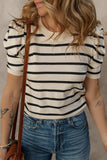 Striped Round Neck Puff Sleeve Knit Top - Trendsi - Flyclothing LLC