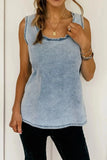 Mineral Wash Denim Frayed U Neck Sleeveless Top - Trendsi