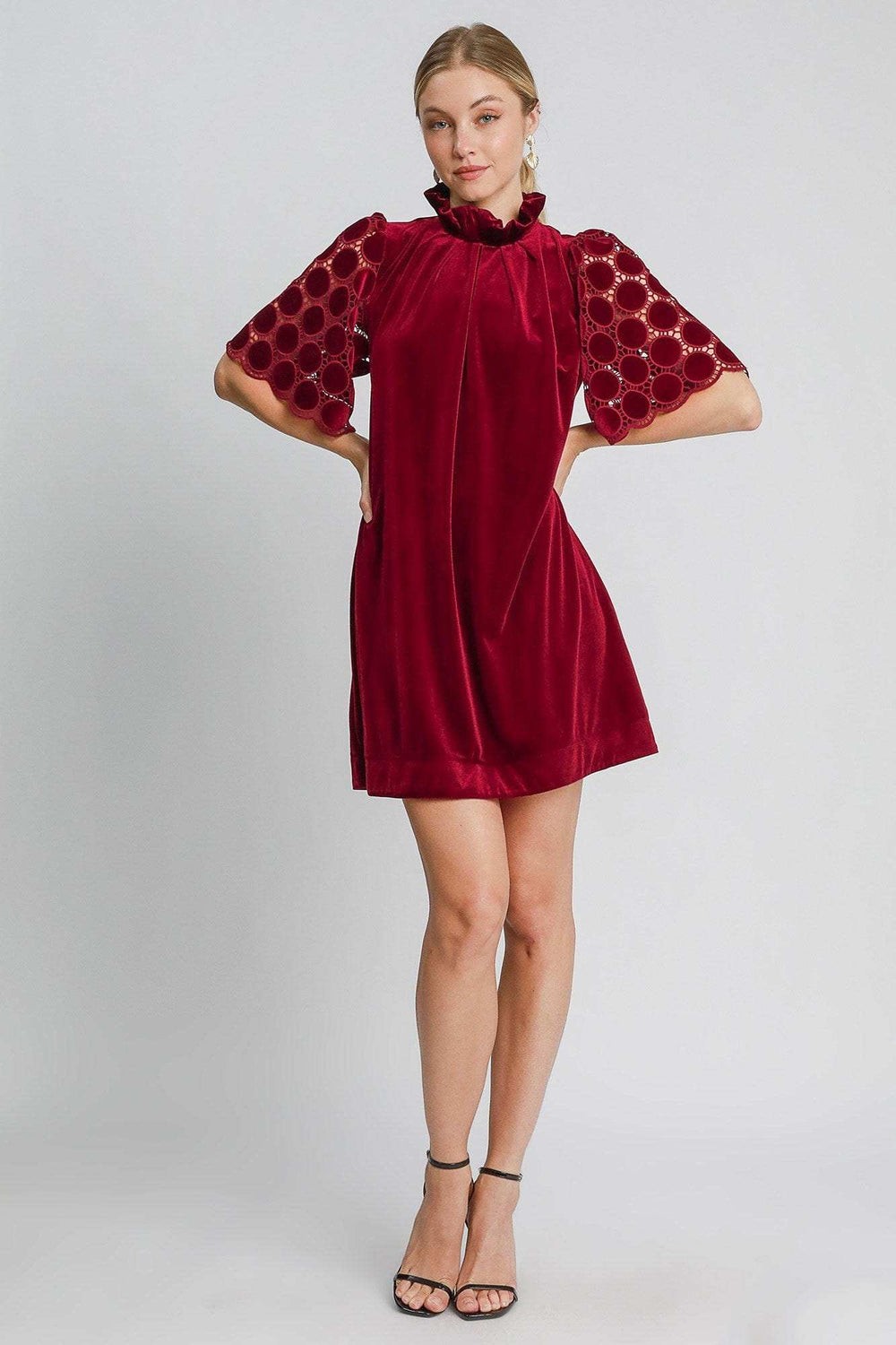 Umgee Dotted Lace Half Sleeve Mock Neck Back Tie Velvet Dress - Trendsi - Flyclothing LLC