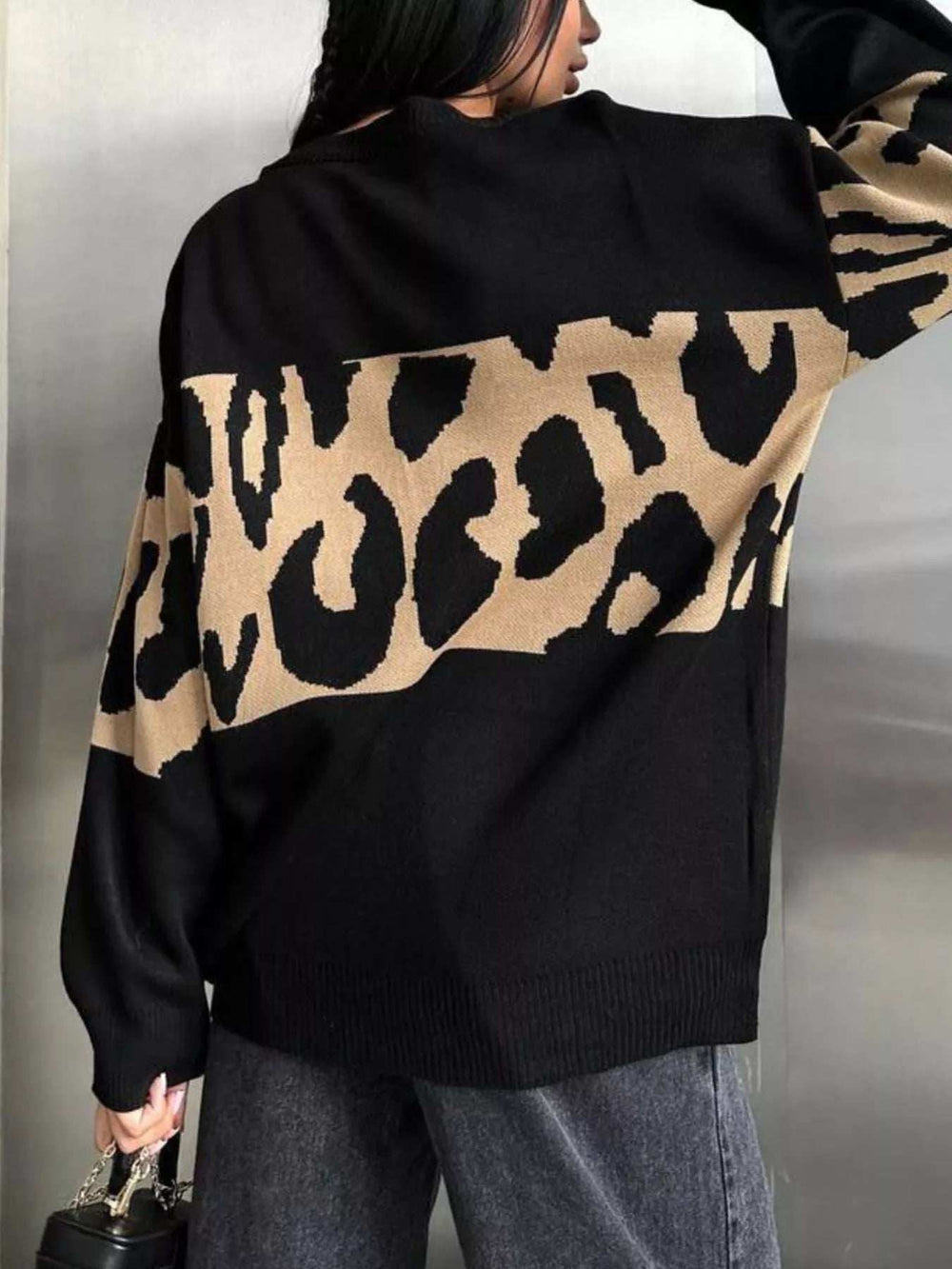 Leopard Color Block Round Neck Sweater - Trendsi - Flyclothing LLC