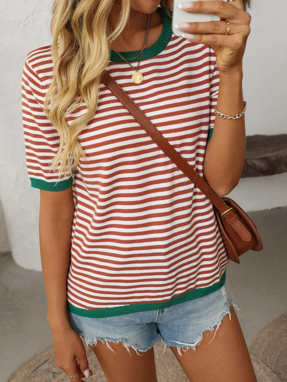 Mandy Striped Round Neck Half Sleeve Knit Top - Trendsi - Flyclothing LLC