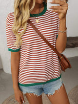 Mandy Striped Round Neck Half Sleeve Knit Top - Trendsi - Flyclothing LLC