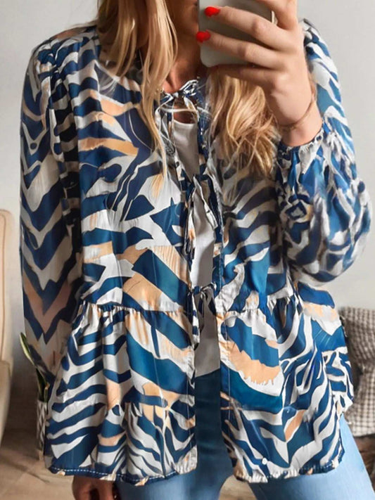 Zebra Print Tied Front Puff Sleeve Top - Trendsi - Flyclothing LLC