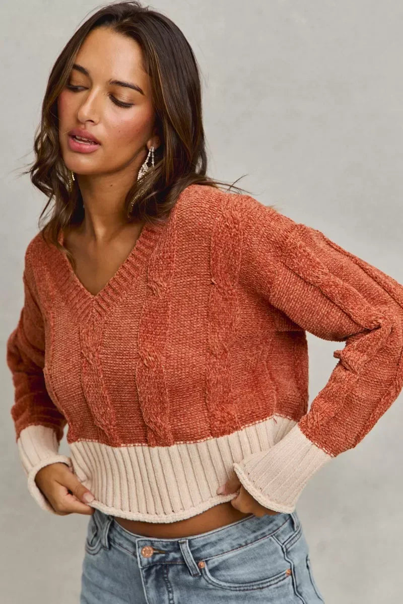 SO ME Chenille Cable Knit V Neck Contrast Cropped Sweater - Trendsi - Flyclothing LLC