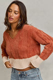 SO ME Chenille Cable Knit V Neck Contrast Cropped Sweater - Trendsi - Flyclothing LLC