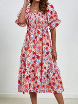 Smocked Floral Square Neck Short Sleeve Dress - Trendsi - Flyclothing LLC