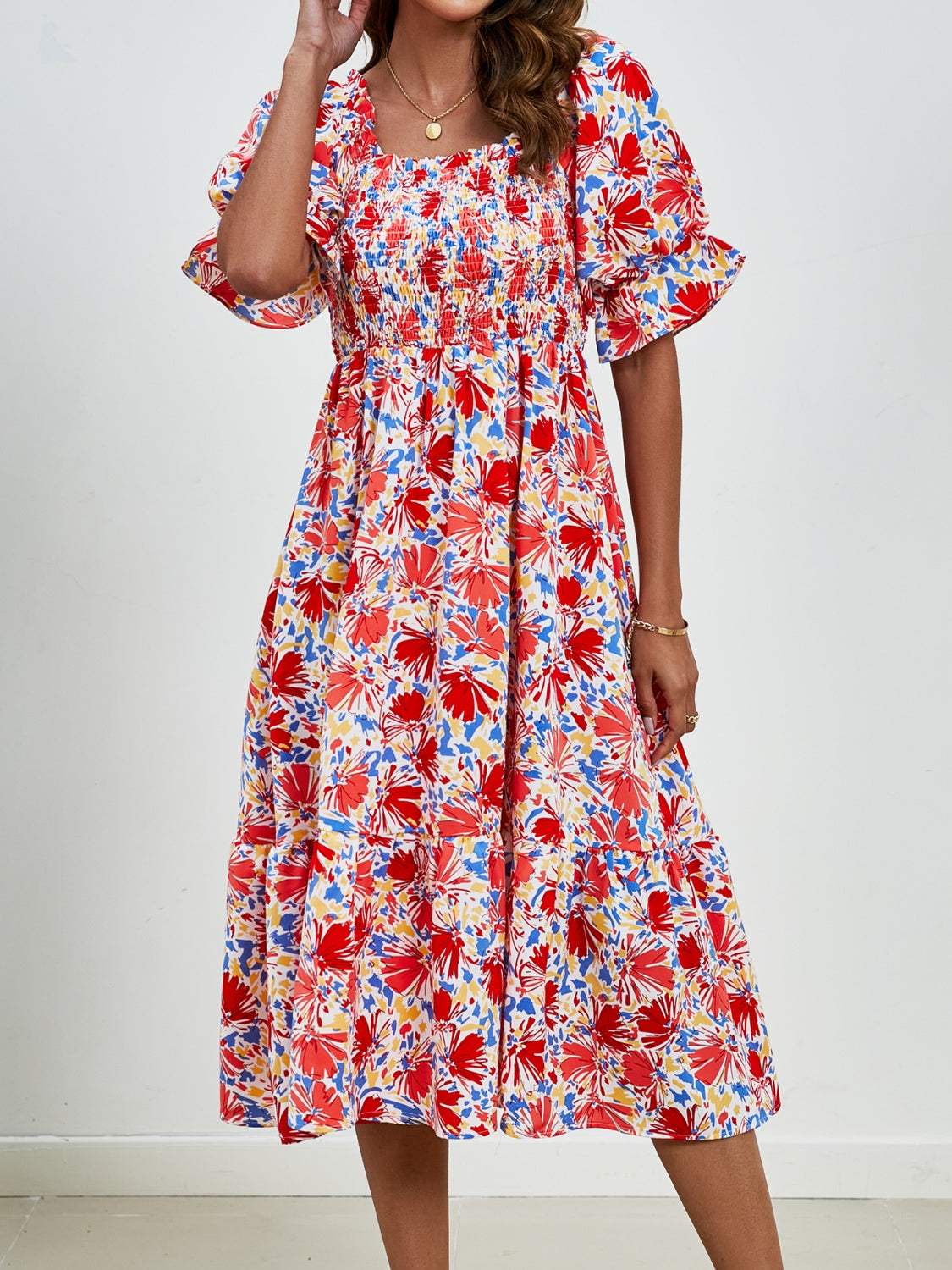 Smocked Floral Square Neck Short Sleeve Dress - Trendsi - Flyclothing LLC