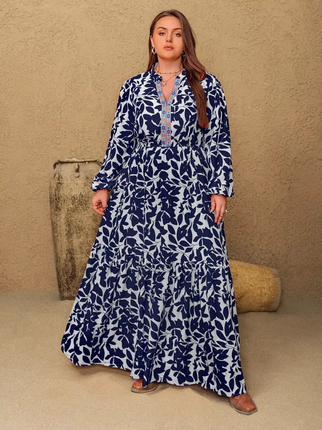 Plus Size Floral Print Notched Long Sleeve Maxi Dress - Trendsi - Flyclothing LLC